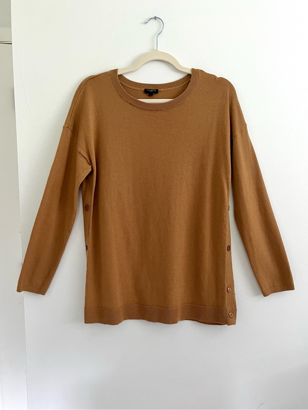 Talbots Petite Lambswool Blend Camel Brown Button Detail Crewneck Sweater Medium